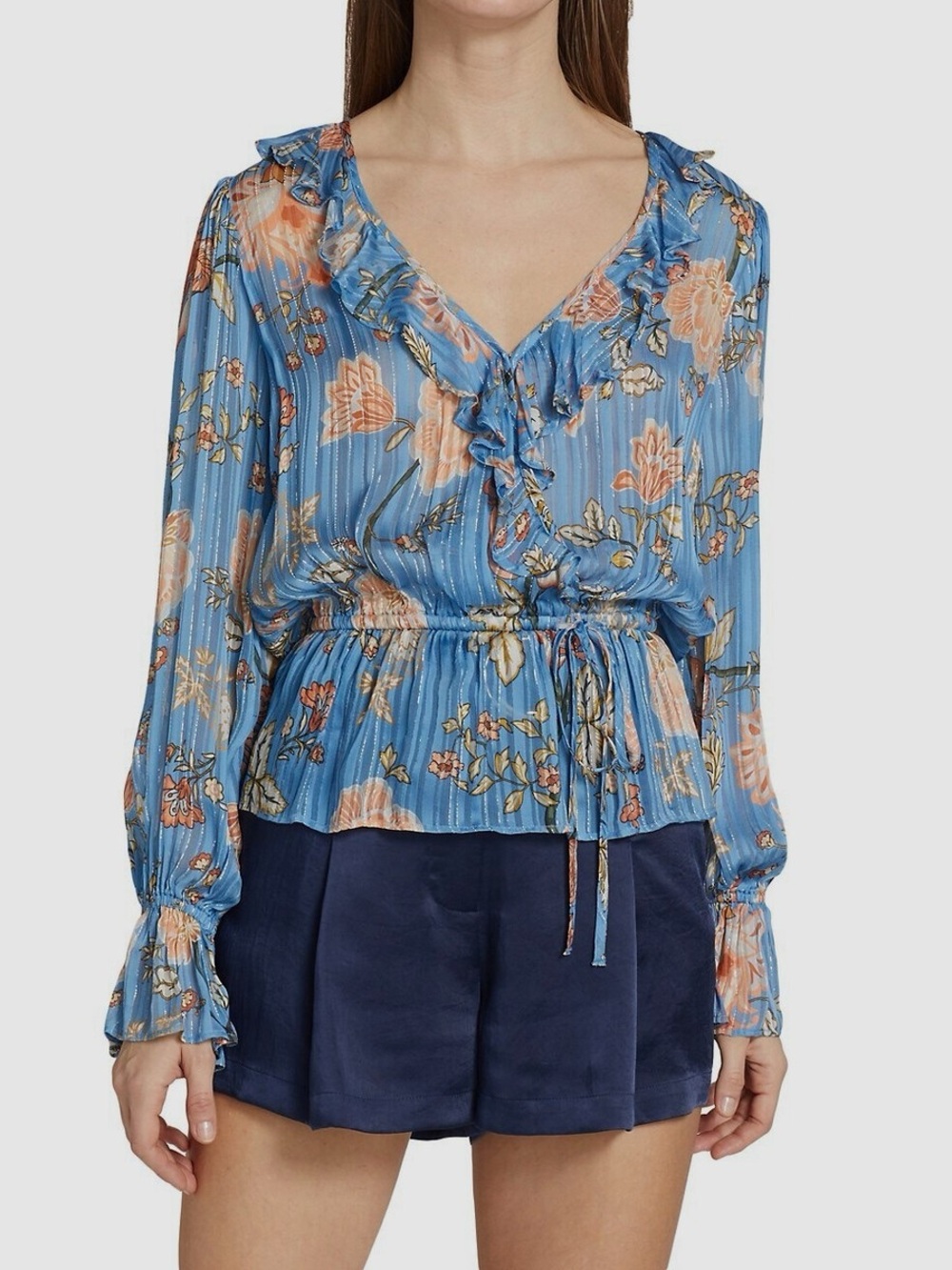 Ramy Brook Blue Floral Ruffle V-Neck Tie-Waist Blouse